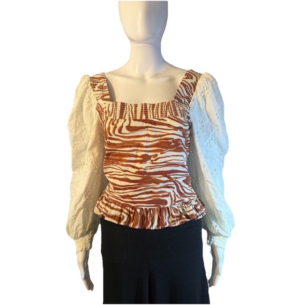 Anthropologie Love the Label Shirt Zebra Print Smocked Ruffle Boho Coquette SZ S